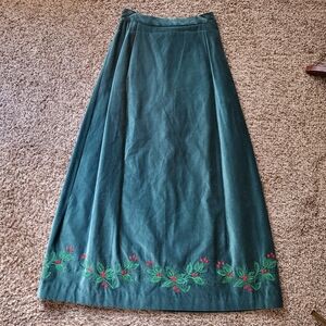 Vintage Alison Burns Embroidered Velvet Velveteen Maxi Skirt Christmas Holly